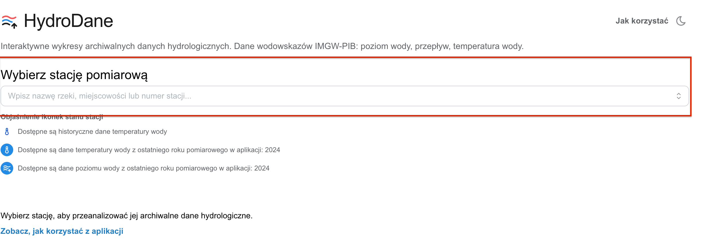 Wybór stacji pomiarowej w aplikacji HydroDane